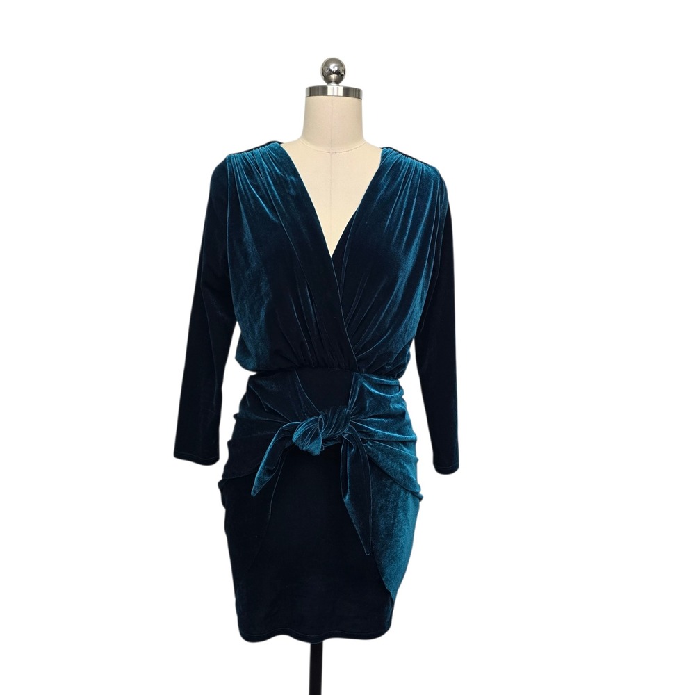MISA Los Angeles Teal Velvet Ruched Wrap Mini Dress Long Sleeve V-Neck Sz Small